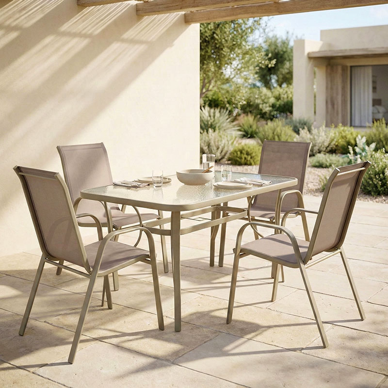 Tavolinë ngrënieje Ensure-Calan pakoworld metal-xham në ngjyrë shampanjë 140x80x70cm