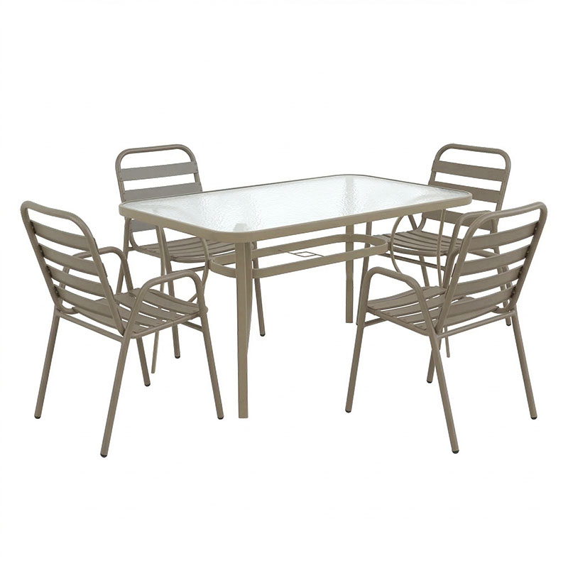 Tavolinë ngrënieje Sussie-Ensure pakoworld 5 copë metal-xham në ngjyrë shampanjë 140x80x70cm