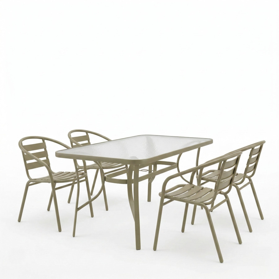 Tavolinë ngrënie Tade-Ensure pakoworld 5 copë metal-xham në ngjyrë shampanjë 140x80x70cm