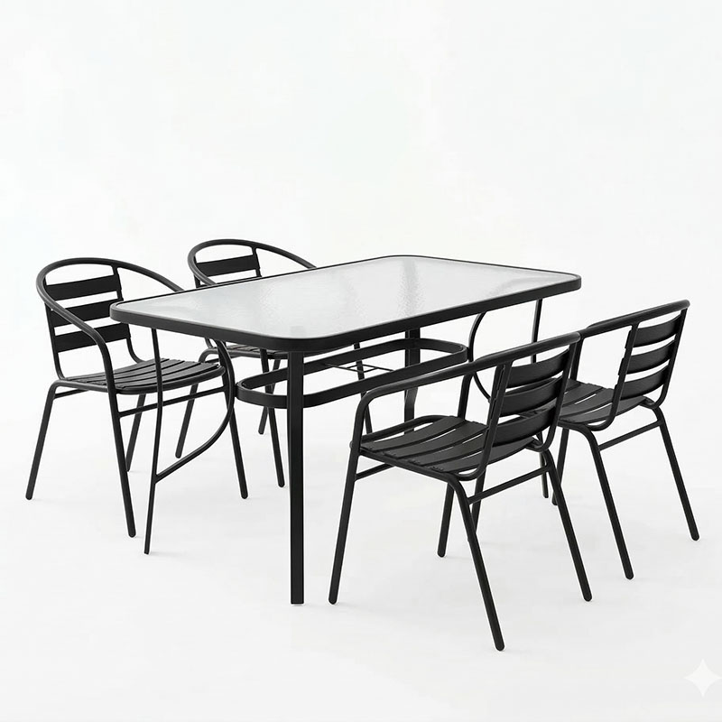 Tavolinë ngrënieje Tade-Ensure pakoworld 5 copë metal-xham në ngjyrë të zezë 140x80x70cm