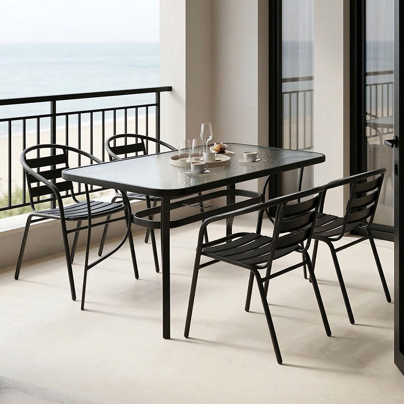 Tavolinë ngrënieje Tade-Ensure pakoworld 5 copë metal-xham në ngjyrë të zezë 140x80x70cm