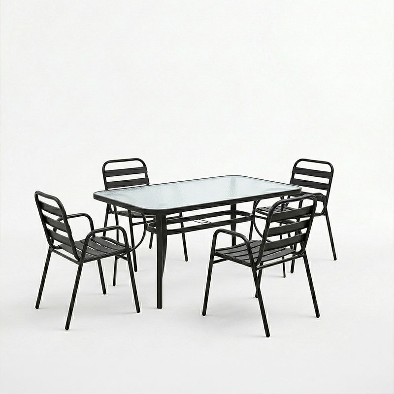 Tavolinë ngrënieje Sussie-Ensure pakoworld 5 copë metal-xham në ngjyrë të zezë 140x80x70cm