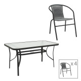 Tavolinë ngrënieje Obbi-Ensure pakoworld 5 copë metal-xham në ngjyrë të zezë 140x80x70cm