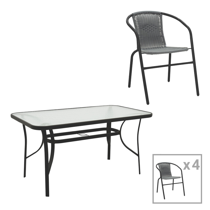 Tavolinë ngrënieje Obbi-Ensure pakoworld 5 copë metal-xham në ngjyrë të zezë 140x80x70cm