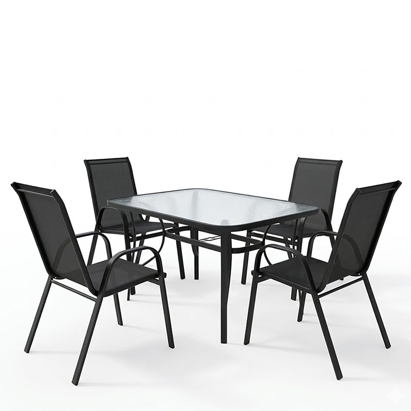 Tavolinë ngrënieje Calan-Ensure pakoworld 5 copë metal-xham në ngjyrë të zezë 140x80x70cm