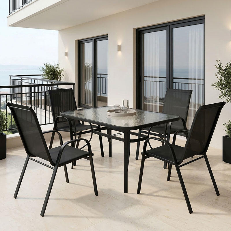 Tavolinë ngrënieje Calan-Ensure pakoworld 5 copë metal-xham në ngjyrë të zezë 140x80x70cm