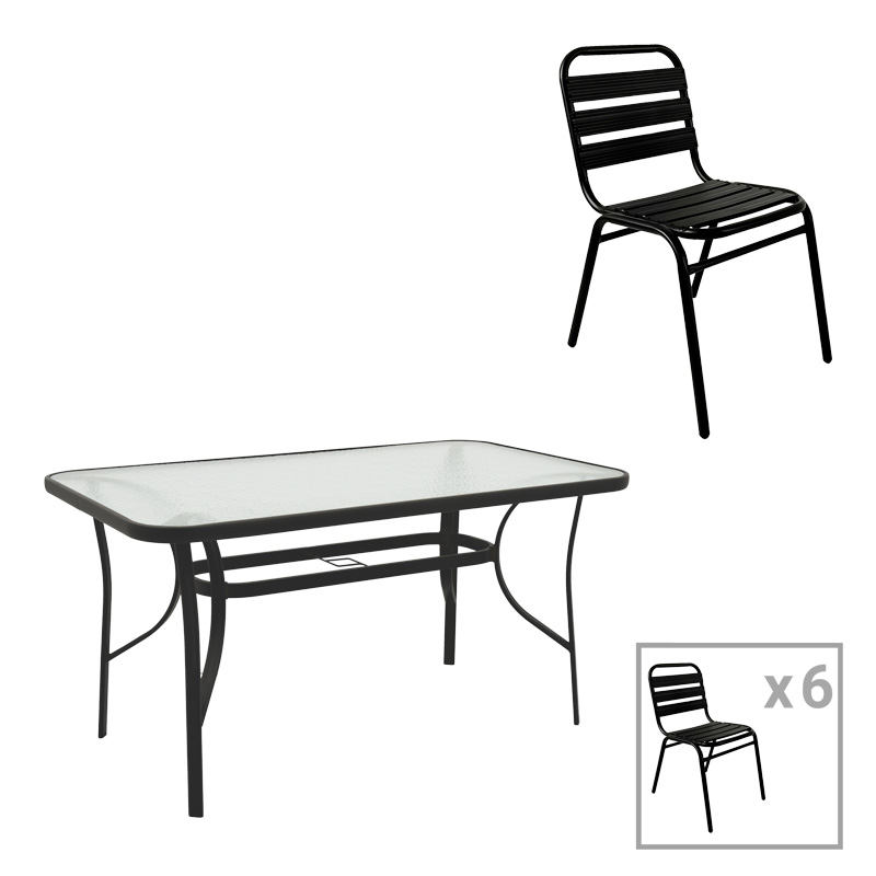 Tavolinë ngrënieje Sussie-Ensure pakoworld 7 copë metal-xham në ngjyrë të zezë 140x80x70cm