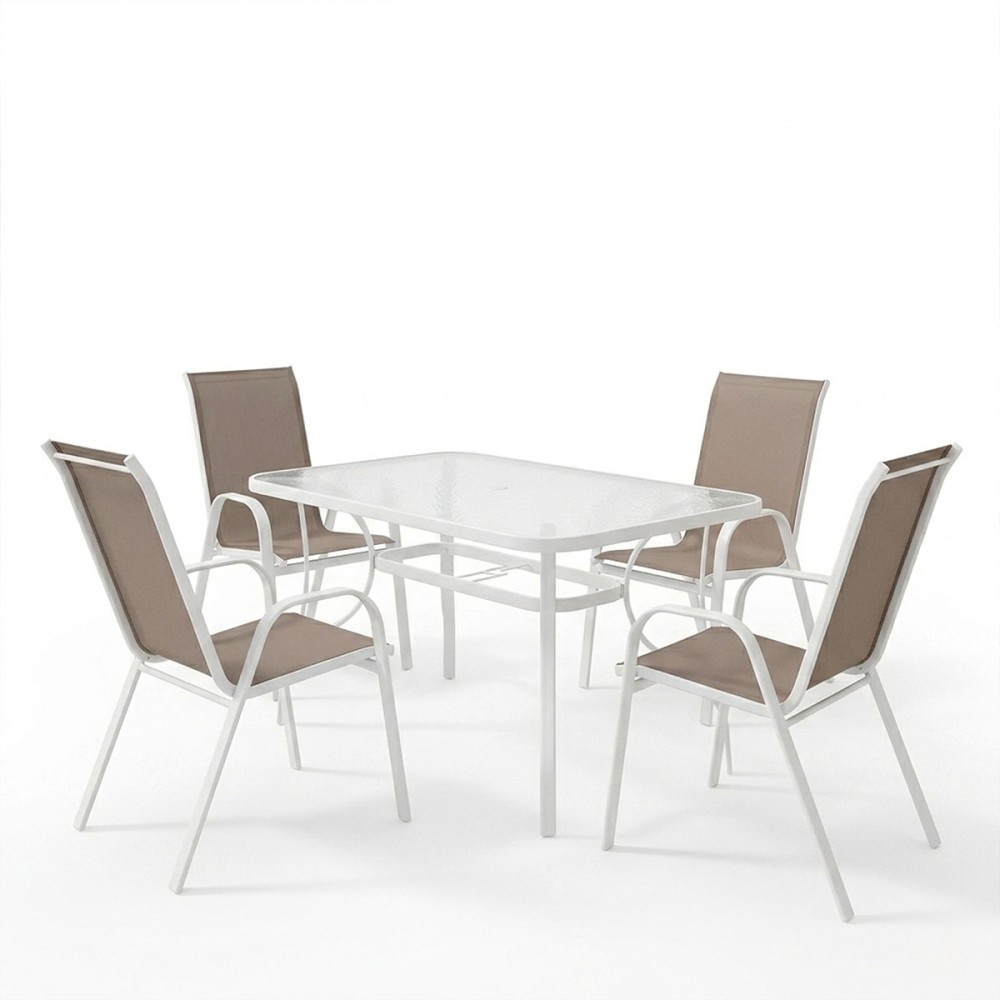 Tavolinë ngrënieje Calan-Ensure pakoworld 5 copë metal-xham në ngjyrë të bardhë 120x70x70cm