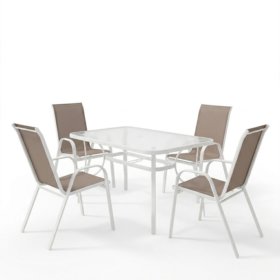Tavolinë ngrënieje Calan-Ensure pakoworld 5 copë metal-xham në ngjyrë të bardhë 120x70x70cm