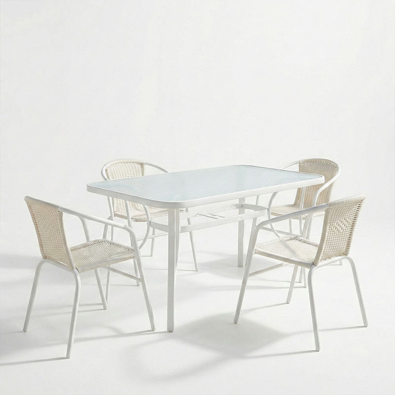 Tavolinë ngrënieje Obbi-Ensure pakoworld 5 copë metal-xham në ngjyrë të bardhë 120x70x70cm