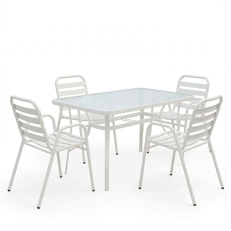Tavolinë ngrënieje Sussie-Ensure pakoworld 5 copë metal-xham në ngjyrë të bardhë 120x70x70cm