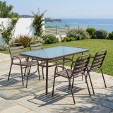 Tavolinë ngrënieje Sussie-Ensure pakoworld 5 copë metal-xham në ngjyrë kafe 120x70x70cm