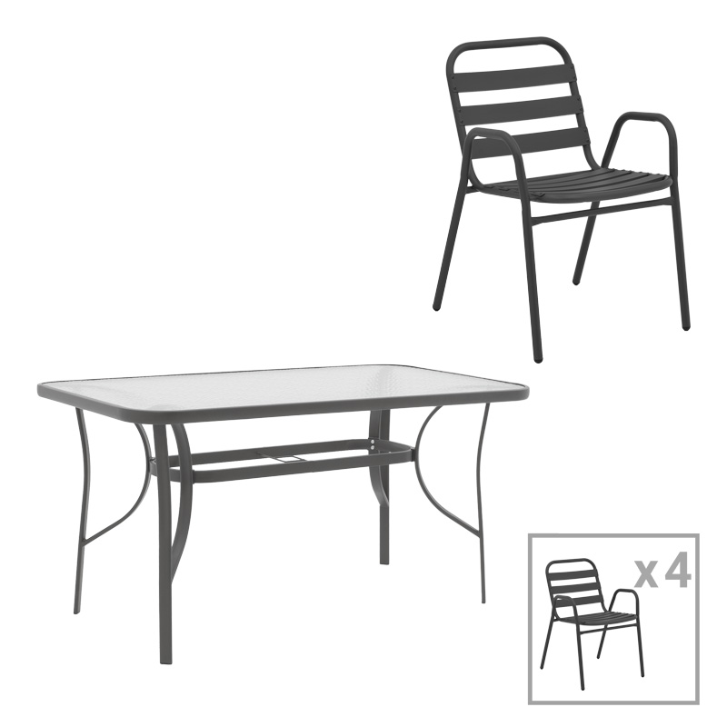 Set ngrënieje 5 copë Ensure-Sussie pakoworld metal-xham gri e errët 140x80x70cm