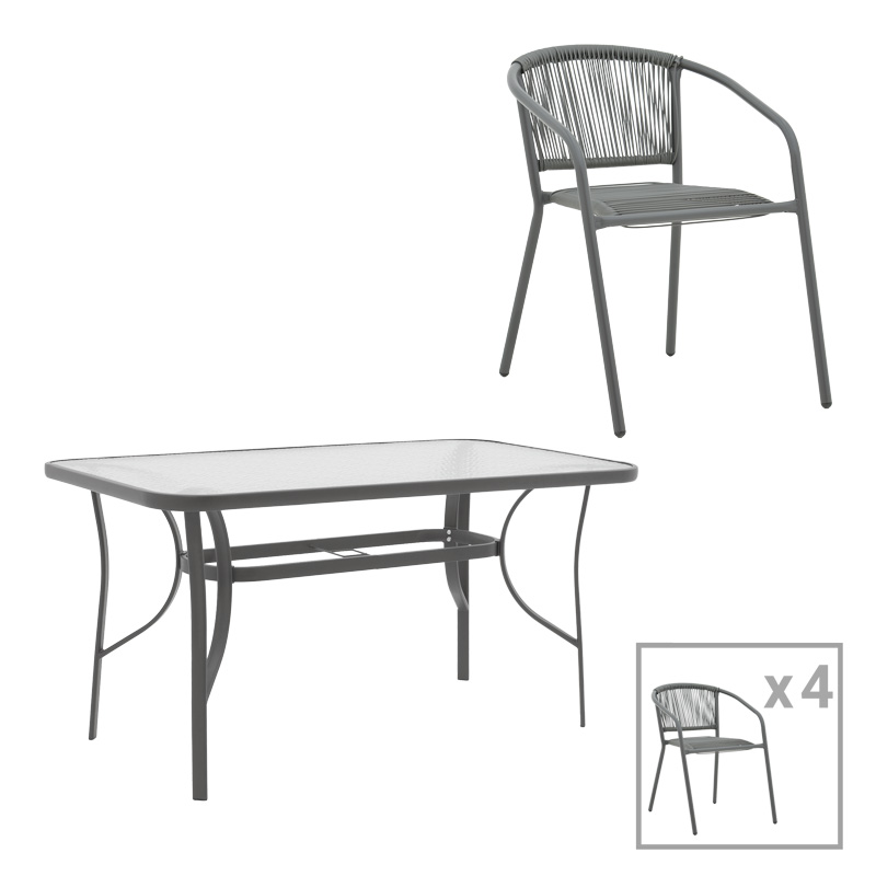 Set ngrënieje 5 copë Ensure-Lindaria pakoworld metal-xham gri e errët 140x80x70cm