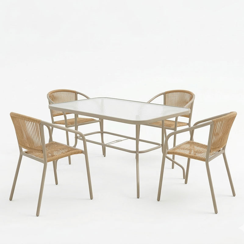 Set ngrënieje Valor-Lindaria pakoworld 5 copë metal në ngjyrë shampanjë dhe rrethim PE në nuancë natyrale 110x60x70cm