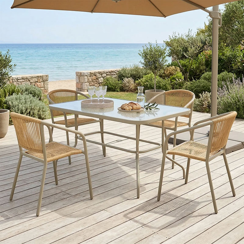 Set ngrënieje Valor-Lindaria pakoworld 5 copë metal në ngjyrë shampanjë dhe rrethim PE në nuancë natyrale 110x60x70cm