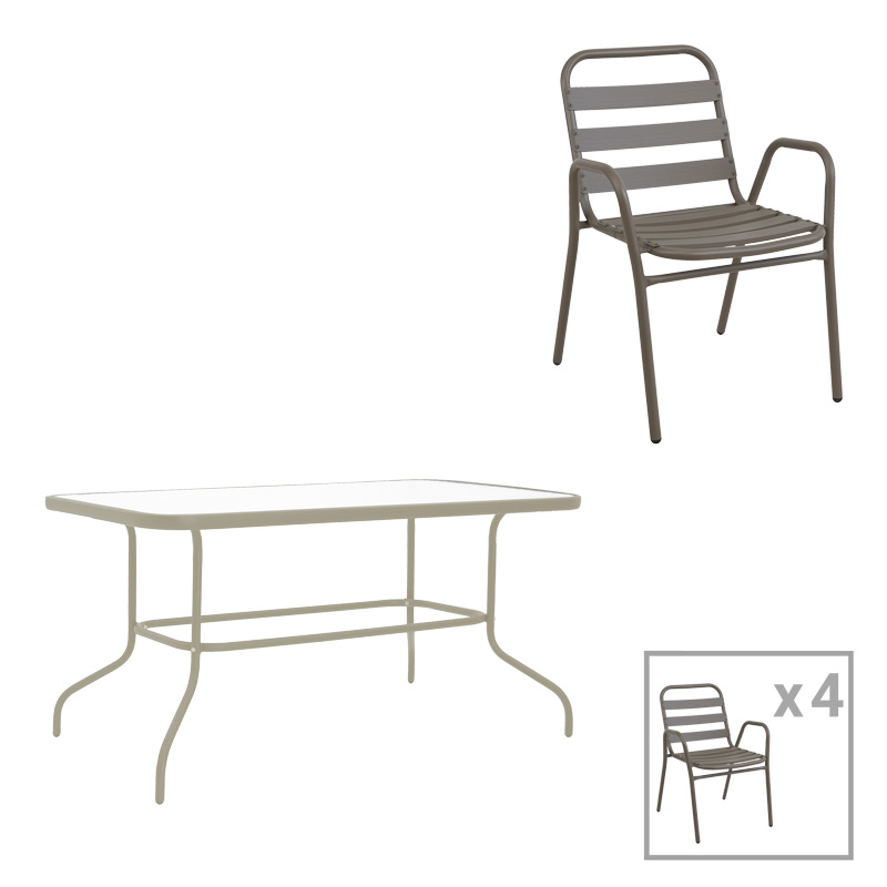 Tavolinë ngrënieje Valor-Sussie pakoworld set 5 copë metal në nuancë natyrale shampanjë 110x60x70cm