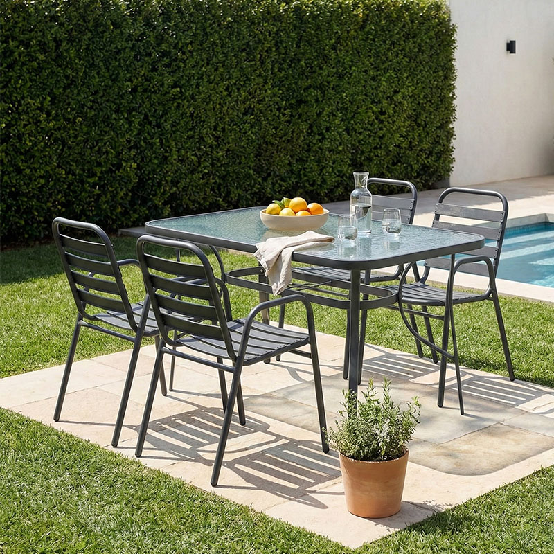 Set ngrënieje 5 copë Ensure-Sussie pakoworld metal-xham gri e errët 120x70x70cm