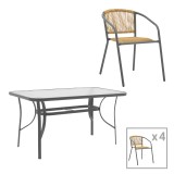 Tavolinë ngrënieje Ensure-Lindaria pakoworld set prej 5 copësh metal në antracit dhe rregullim pe në nuancë natyrale 120x70x70cm