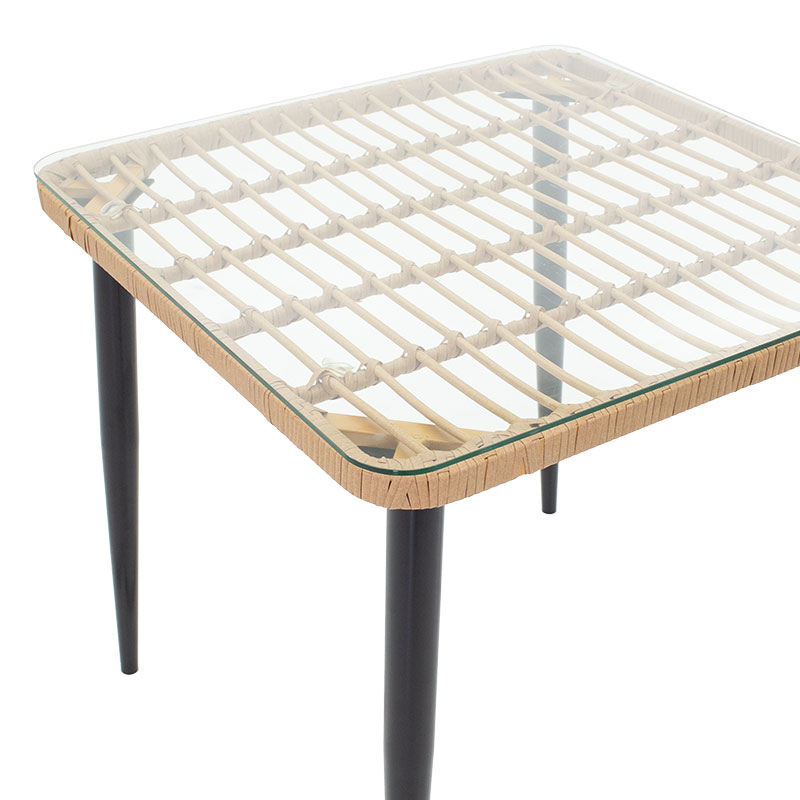 Tavolinë Naoki pakoworld xham-metal e zezë-rattan pe në nuancë natyrale 80x80x78cm