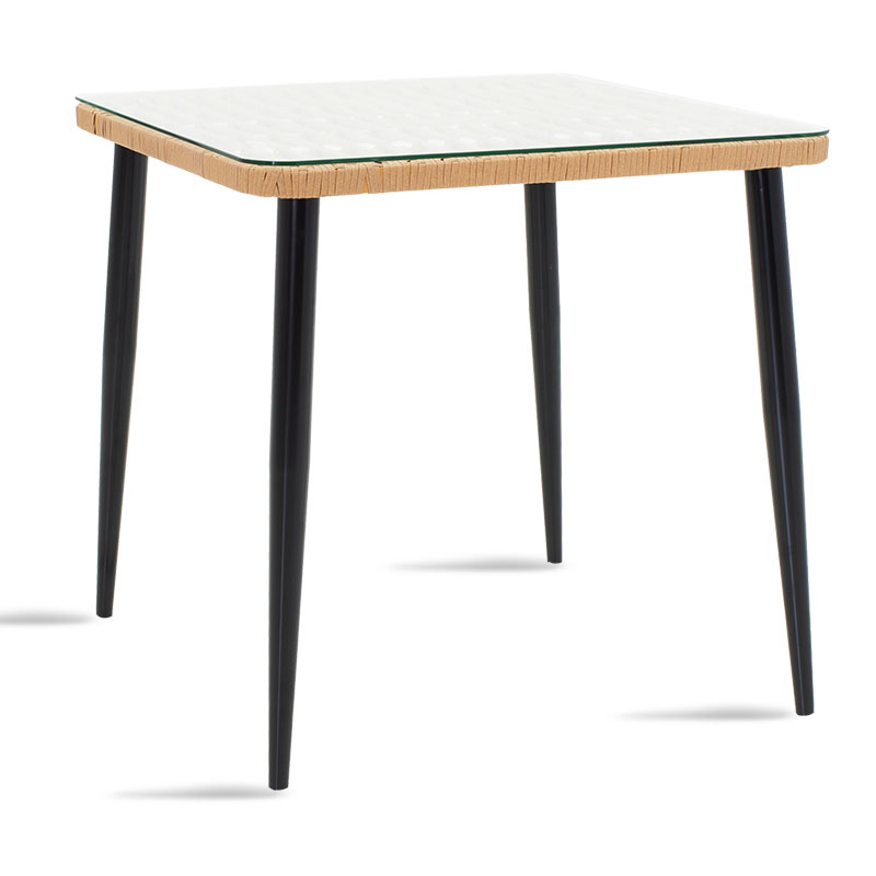 Tavolinë Naoki pakoworld xham-metal e zezë-rattan pe në nuancë natyrale 80x80x78cm