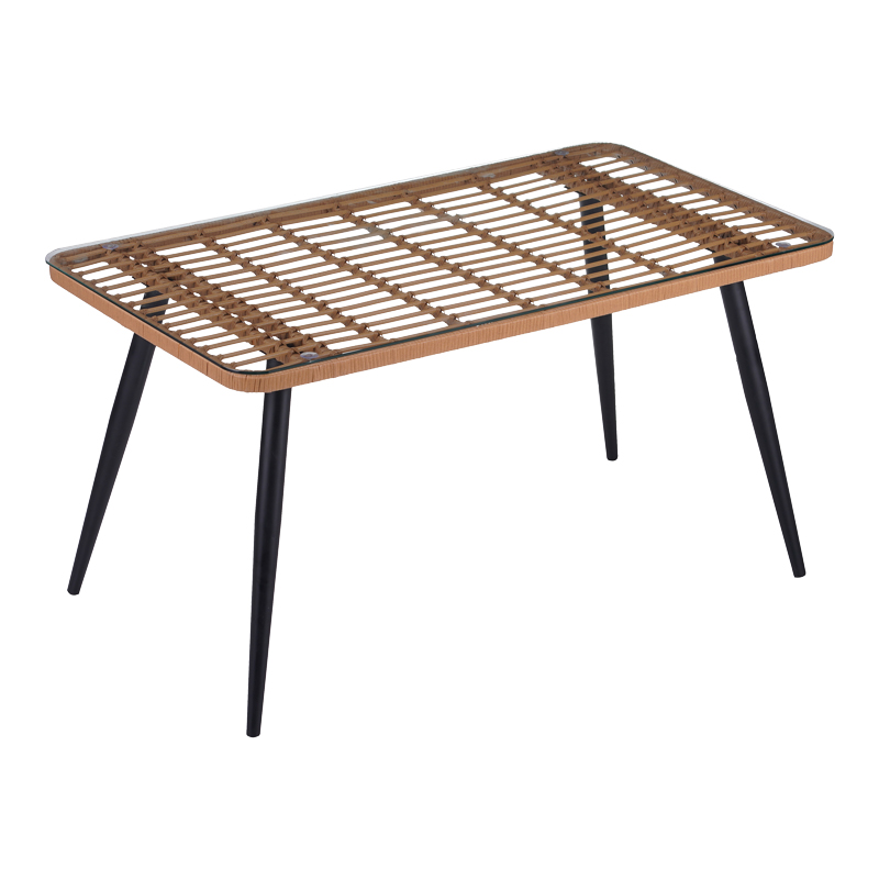 Tavolinë Naoki Pakoworld xhami-pe rattan në përfundim druri natyral me këmbë të zeza 140x80x78cm
