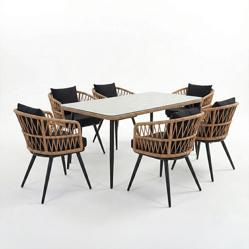 Set tavoline ngrënieje Naoki 7 copë pakoworld metal i zi-pe natyral-xham 160x90x78cm