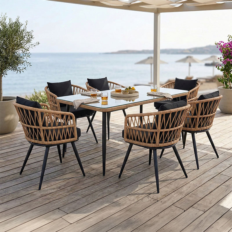 Set tavoline ngrënieje Naoki 7 copë pakoworld metal i zi-pe natyral-xham 160x90x78cm