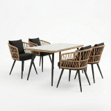 Set tavoline ngrënie Naoki 5 copë pakoworld xham-pe rattan në nuancë natyrale me këmbë të zeza 140x80x78cm