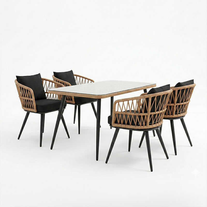 Set tavoline ngrënie Naoki 5 copë pakoworld xham-pe rattan në nuancë natyrale me këmbë të zeza 140x80x78cm