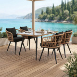 Set tavoline ngrënie Naoki 5 copë pakoworld xham-pe rattan në nuancë natyrale me këmbë të zeza 140x80x78cm