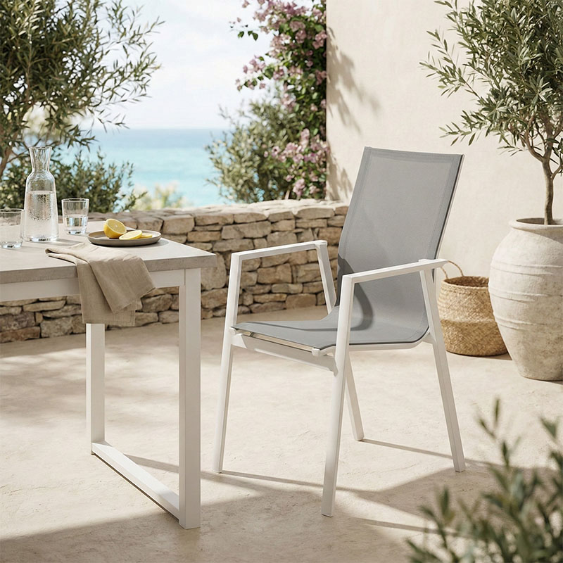 Fotel kopshti Dashiell pakoworld metal i bardhë textilene gri e çelur 57x71x93cm