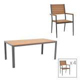 Tavolinë ngrënieje Nares-Vitality set prej 5 pakoworld alumini antracit dhe kompensatë në ngjyrë natyrale 180x90x72.5cm