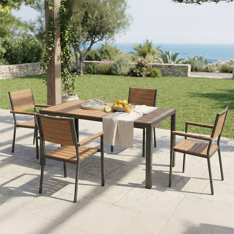 Tavolinë ngrënie Nares-Vitality A set prej 5 pakoworld alumini antracit dhe kompensatë në ngjyrë natyrale 140x80x72.5cm