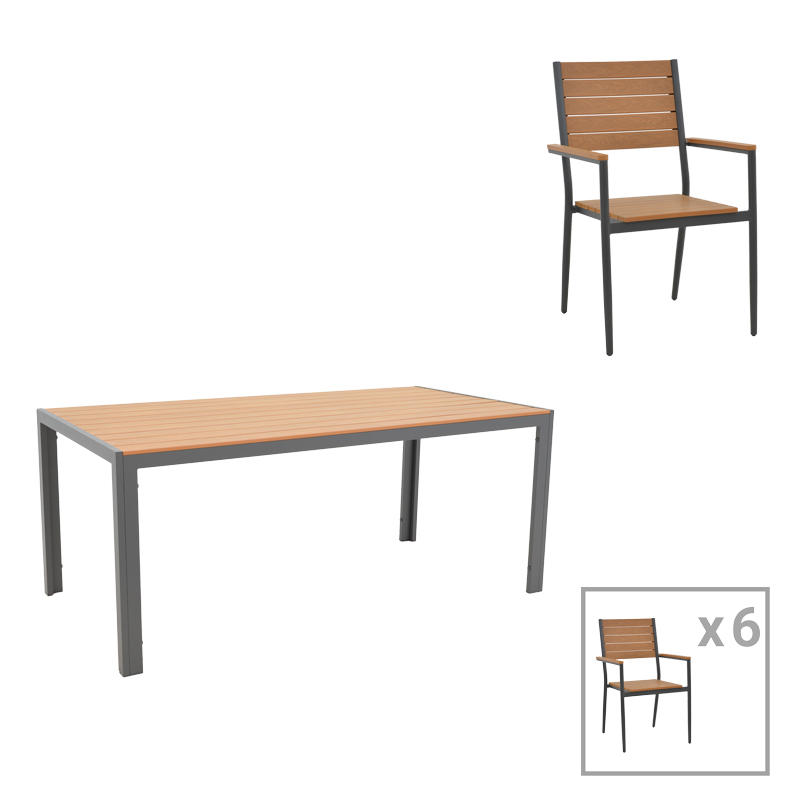 Tavolinë ngrënie Nares-Vitality B set prej 7 pakoworld alumini dhe kompensatë antracit në ngjyrë natyrale 180x90x72.5cm