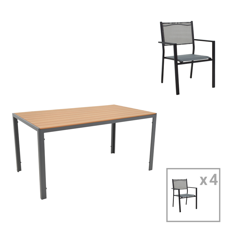 Tavolinë ngrënie Nares-Moly A set 5 pakoworld antracit-e zezë alumini dhe kompensatë në ngjyrë natyrale 140x80x72.5cm