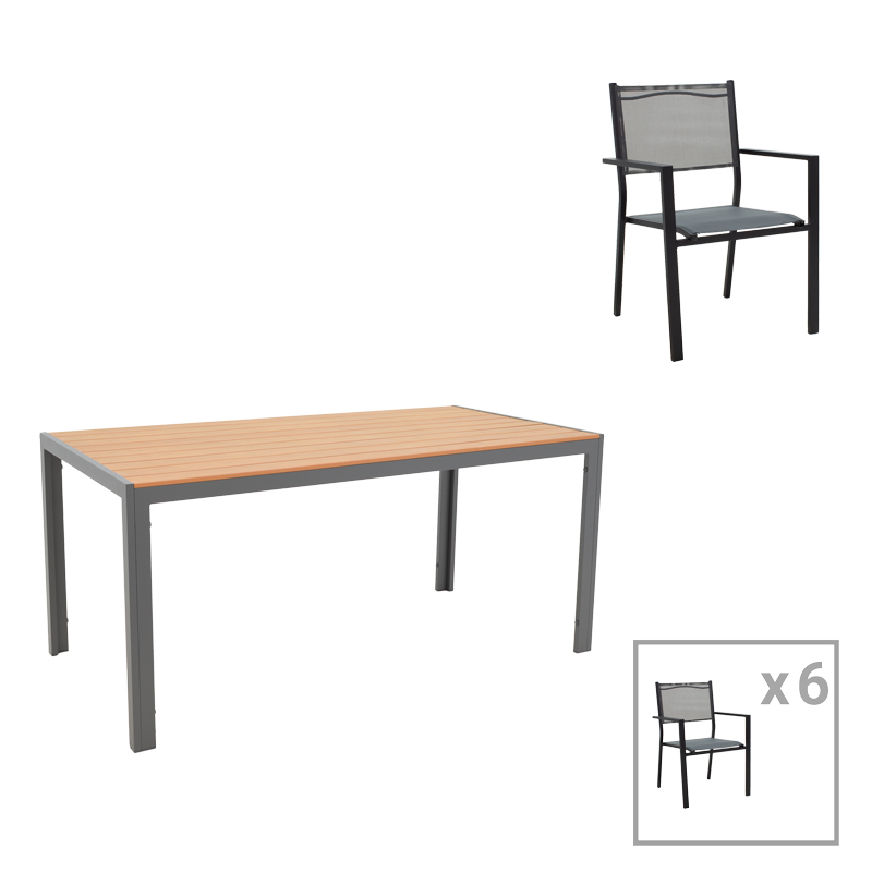 Tavolinë ngrënie Nares-Moly B set 7 pakoworld antracit-e zezë alumini dhe kompensatë në ngjyrë natyrale 140x80x72.5cm