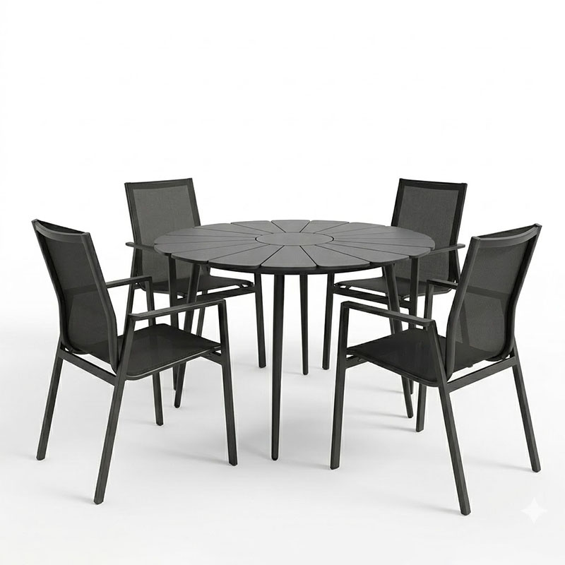 Set tavoline ngrënieje Pinap-Dashiell prej 5 copësh pakoworld alumini i zi dhe kompensatë në nuancë të zezë Φ110x74cm