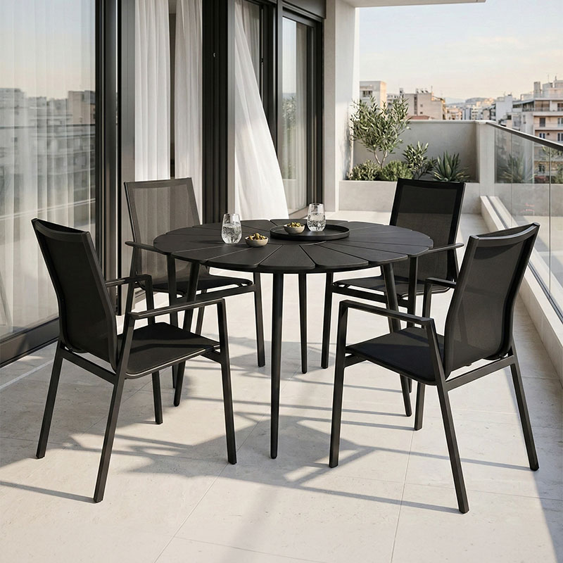 Set tavoline ngrënieje Pinap-Dashiell prej 5 copësh pakoworld alumini i zi dhe kompensatë në nuancë të zezë Φ110x74cm