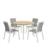 Set tavoline ngrënieje Pinap-Dashiell me 5 copë pakoworld alumini i bardhë dhe kompensatë në nuancë natyrale Φ110x74cm
