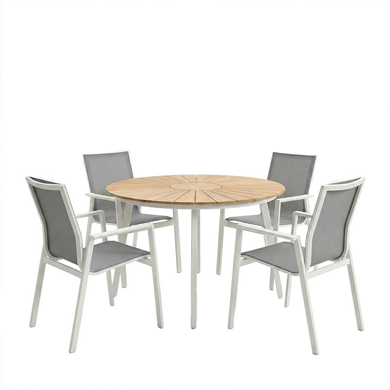 Set tavoline ngrënieje Pinap-Dashiell me 5 copë pakoworld alumini i bardhë dhe kompensatë në nuancë natyrale Φ110x74cm