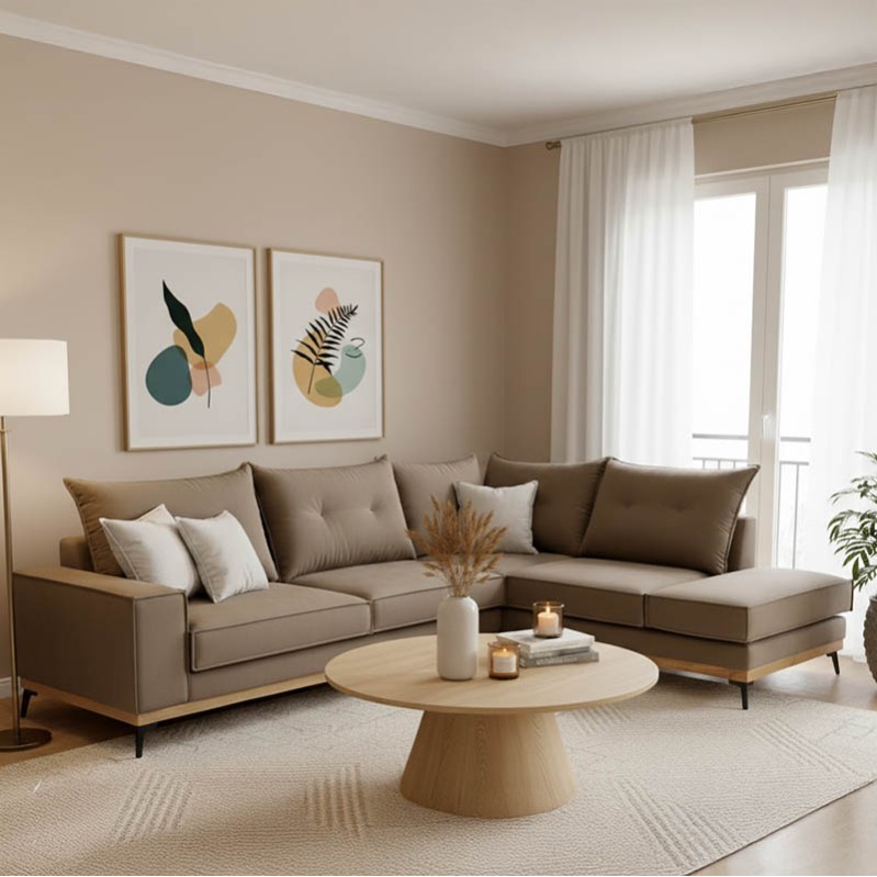 Divan këndi Luxury II pakoworld kënd i majtë pëlhurë moka-krem 290x235x95cm