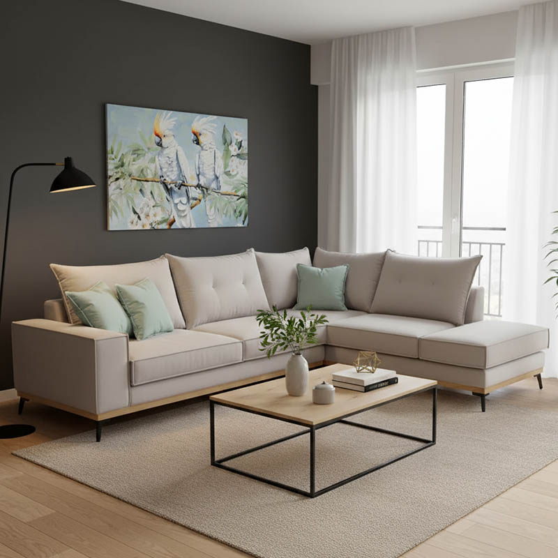 Divan këndi Luxury II pakoworld kënd i majtë pëlhurë elefant-ciel 290x235x95cm