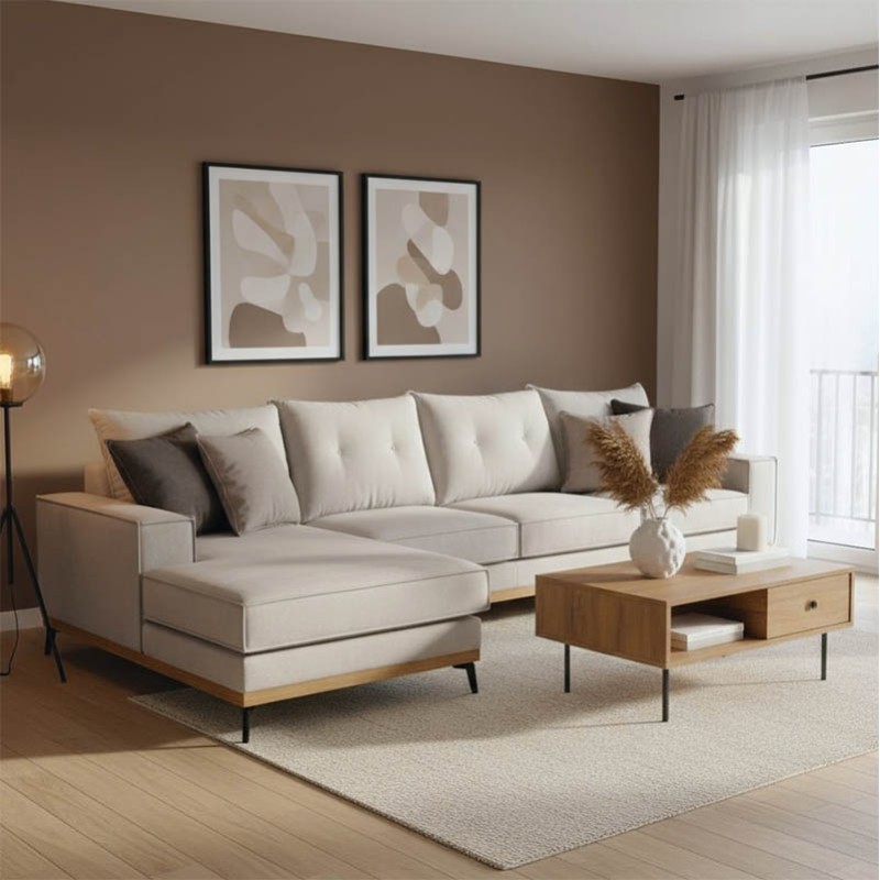 Divan këndi Luxury II pakoworld me kënd të djathtë me pëlhurë krem-mokë 290x235x95cm