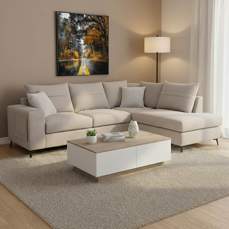 Divan këndi i majtë Montana pakoworld pëlhurë gri-bezhë-jastëkë gri të çelur 275x215x93cm