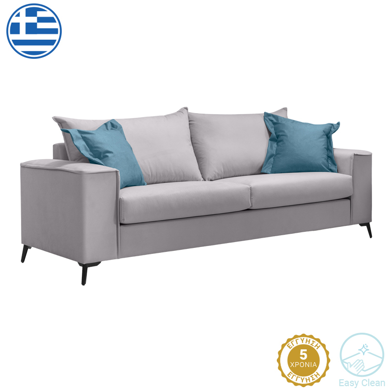 Divan 3-vendësh Verona pakoworld pëlhurë gri e çelur me jastëkë blu 225x93x100cm
