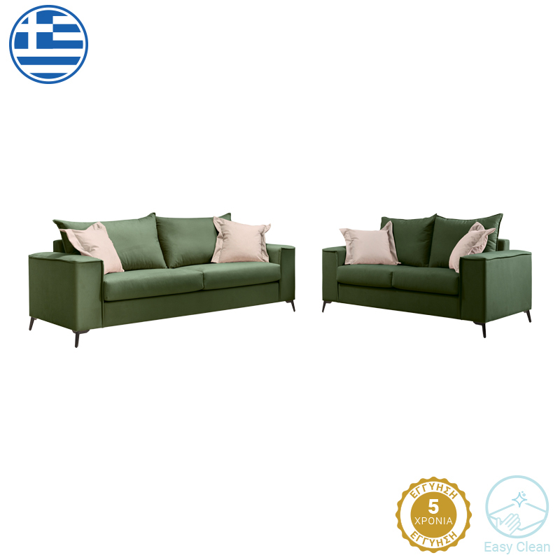 Set divan Verona pakoworld me 2 copë pëlhurë jeshile e errët me jastëkë ngjyrë kremi
