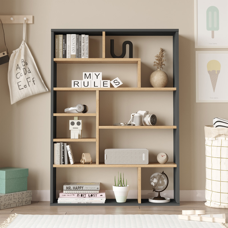 Bibliotekë Decora pakoworld në nuancë natyrale-antracit 90x22x123.6cm