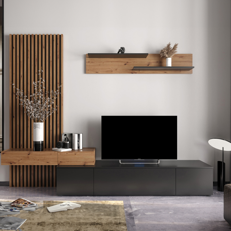 Njësi TV Litende pakoworld melamine e zezë-sonoma 249.5x42x199.5cm