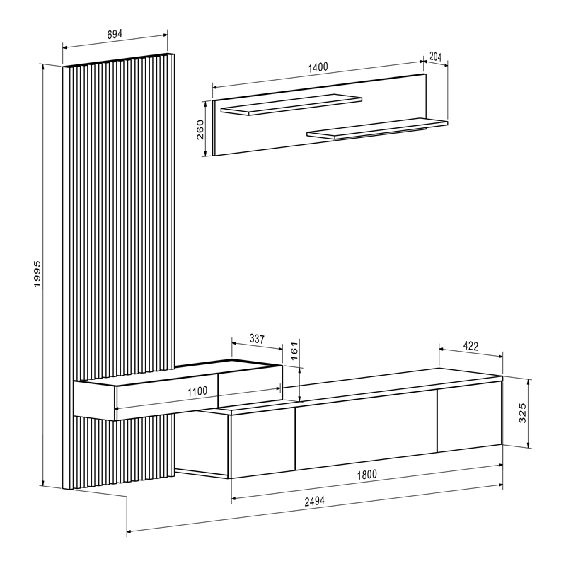 Njësi TV Litende pakoworld melamine e zezë-sonoma 249.5x42x199.5cm